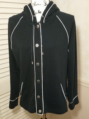 Jones New York Thick Sweatshirt Snap‎ Up Jacket, Hooded, Black And White, Size M